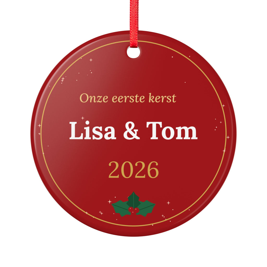 Onze eerste kerst – kersthanger met namen (rood)