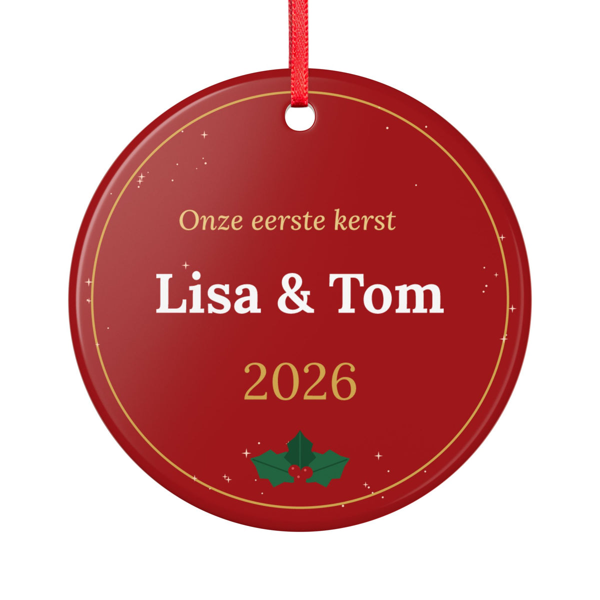 Onze eerste kerst – kersthanger met namen (rood)
